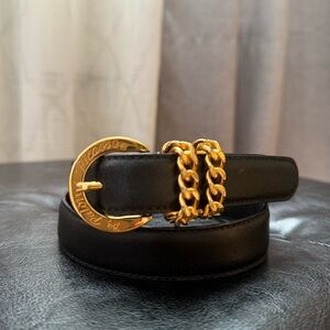 Paloma Picasso Vintage Black Leather Belt with Gold Chain Accent
